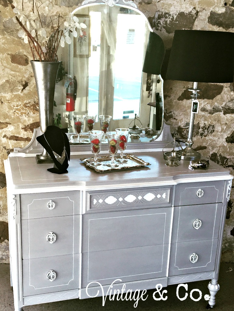 Ornate Parisian Gray Multi Purpose Dresser Buffet or Changing Table Vintage Co Painted Refinished Repurposed Used Furniture and Antiques